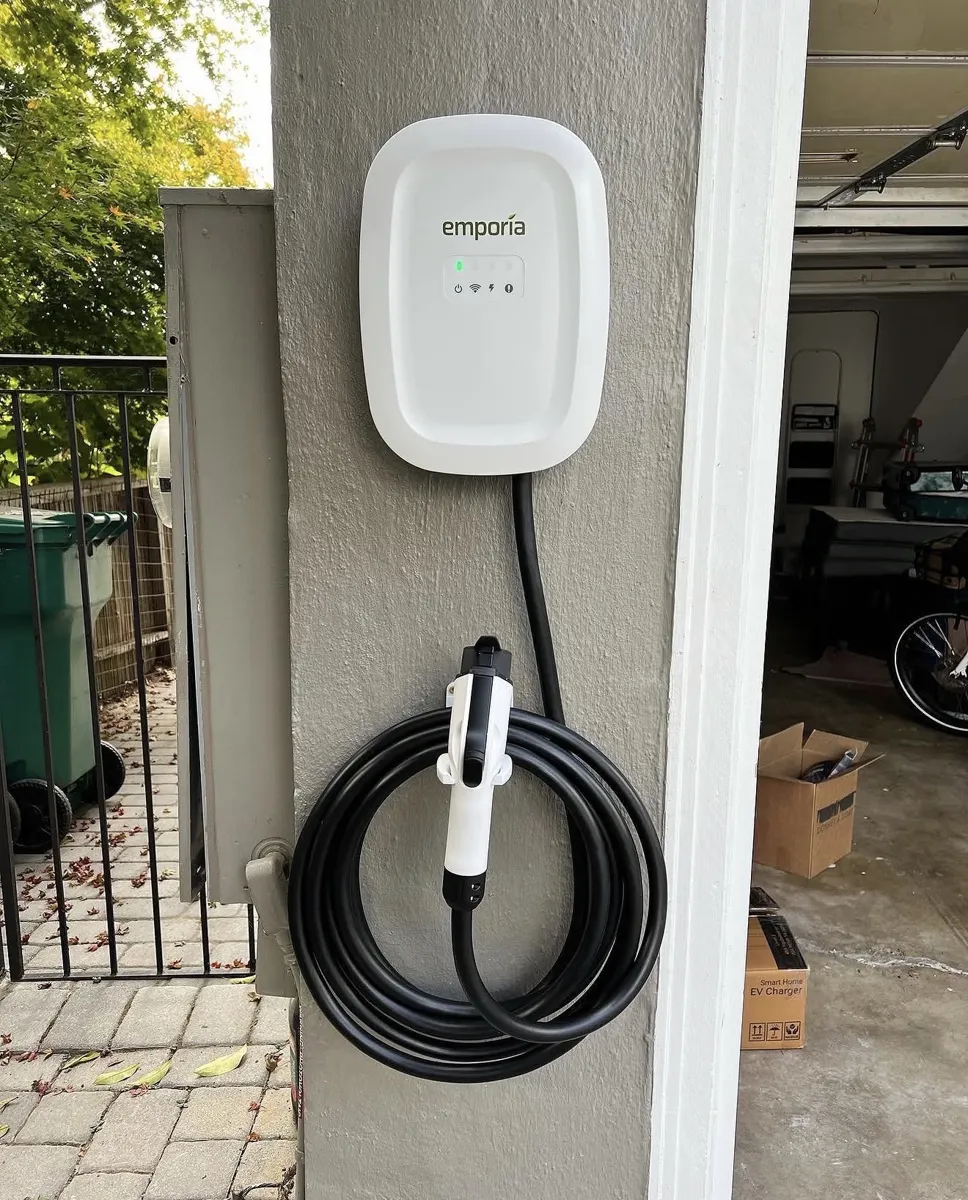 Emporia Level 2 EV charger mounted on a pillar